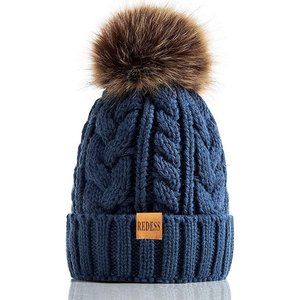 Womens Winter Warm Fleece Lined Knitted Soft Ski Cuff Beanie Hat with Pom Pom